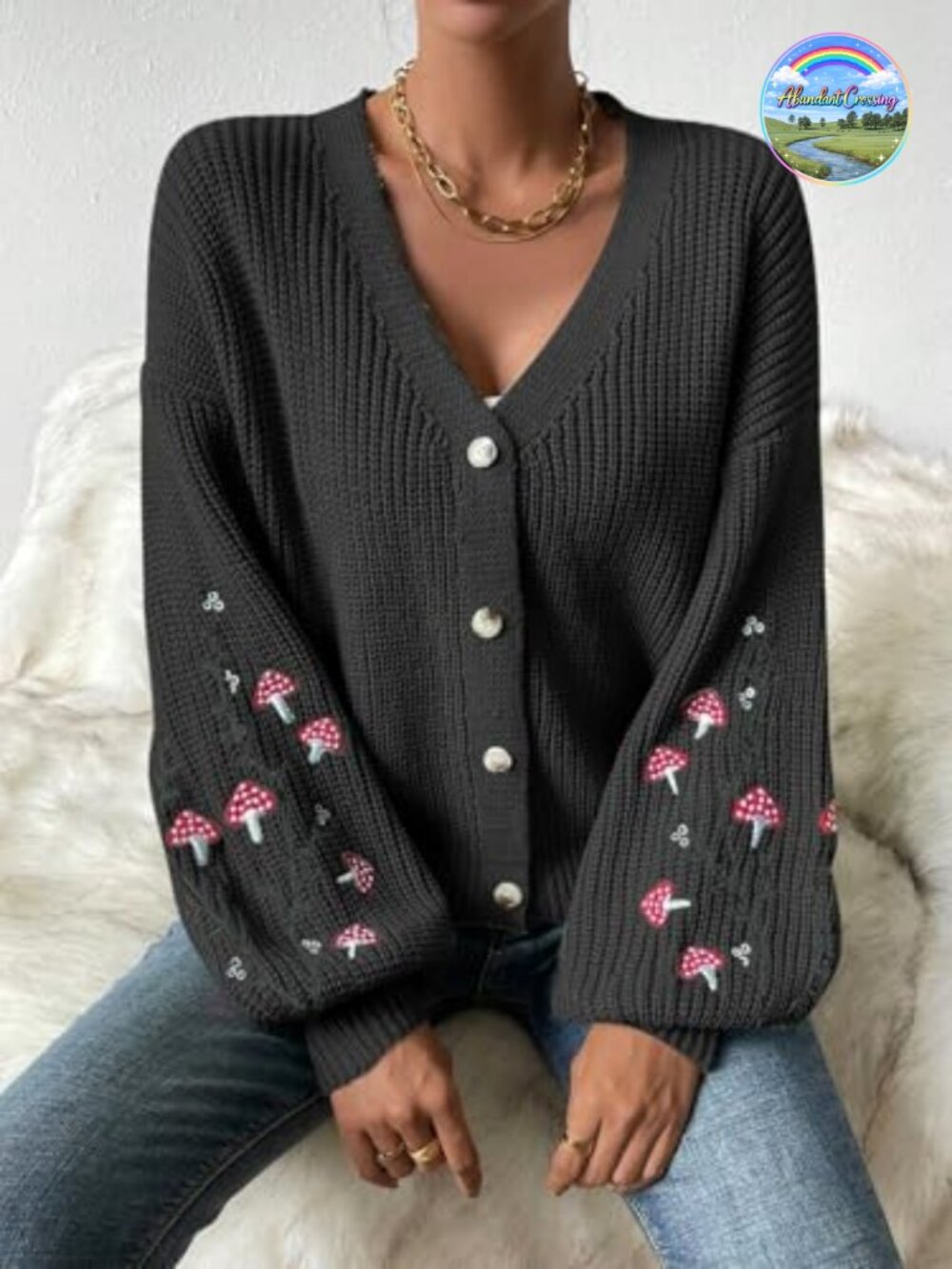 Embroidery Drop Shoulder Button Front Duster Knit Cardigan - Picture 4 of 5